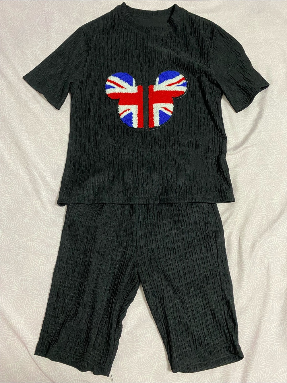 Black Two-Piece Women's Pajama Set with Union Jack Mickey Graphic